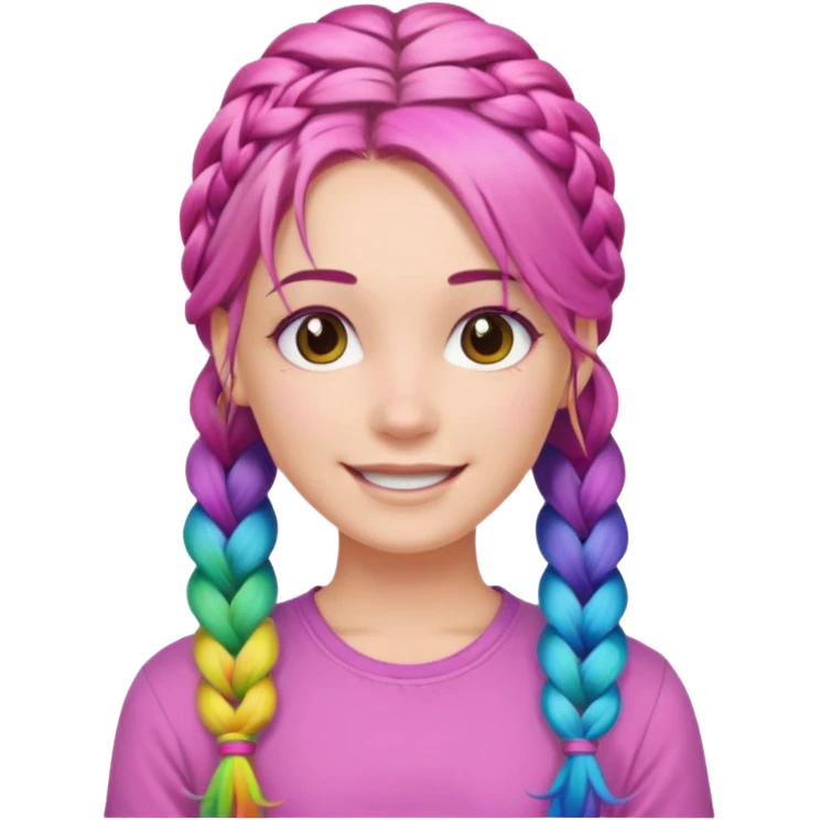 Woman with braided rainbow hair, happy — long braids, pink shirt emoji