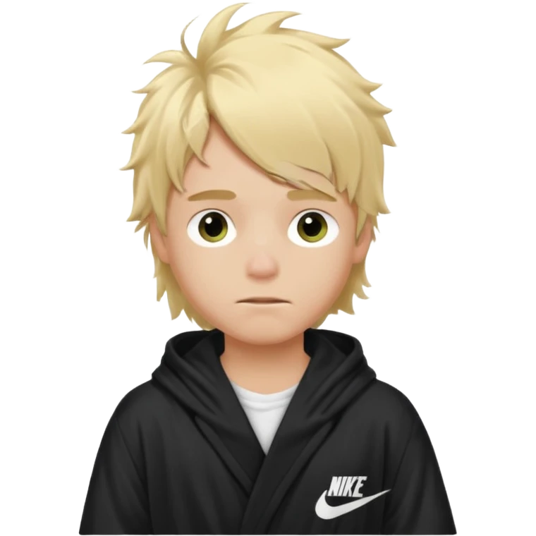 Create a blond boy with long, messy hair, light eyes, a white t-shirt, rich, with long hair, blue eyes, medium-length, voluminous hair, wearing a black Nike bathrobe and a little blush near his nose. and with a balaclava emoji