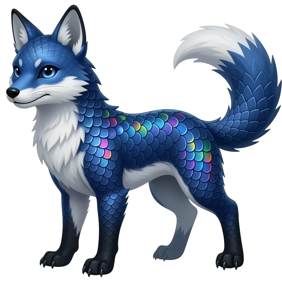 Feral Rare Fantasy scaly evil spooky vibrant dark shady shaded detailed deep-dark-cobalt-blue-gradients-colored colorful Vernid-Sergal-Genet-Trico-Fox-species by LiLaiRa, with dark-blackish points, white belly, random markings, tufted tail, tufted ears, full body emoji