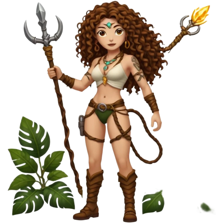 full body woman long curly brown hair brown eyes white skin tattoos muscular build jungle treasure hunter outfit, vine whip, glowing relic emoji