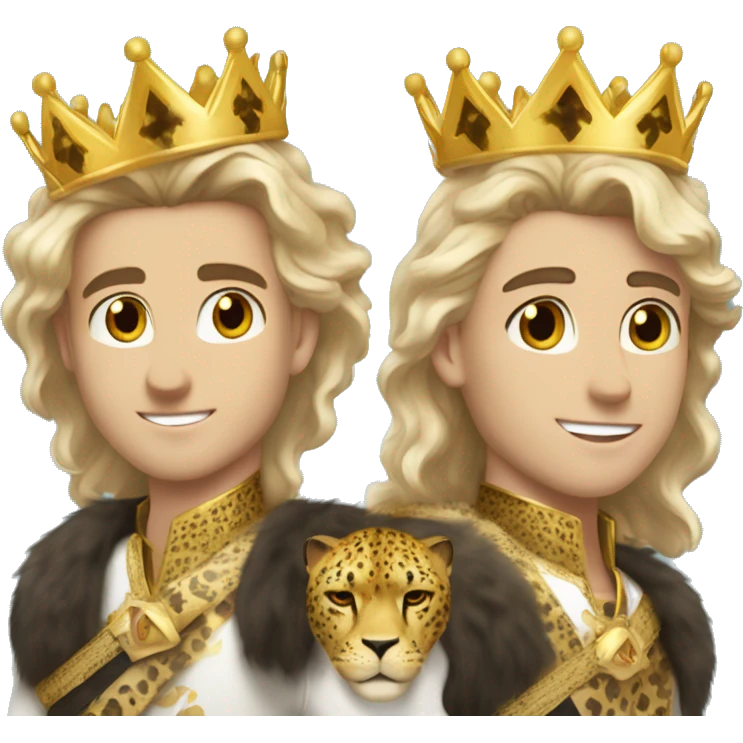 young white king with flowing dirty blonde hair, hazel eyes, stubble, a gold crown with a cheetah print sash emoji