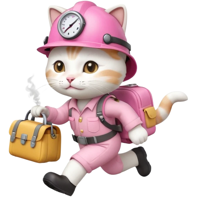 A cute white and pink cat dressed as engineer with a white helmet running very fast carrying her cute bag Leaving a trail of smoke emoji