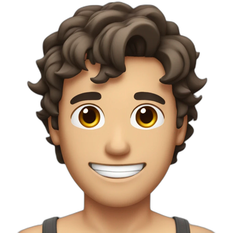 white guy with wet dark brown hair and brown eyes smiling with his mouth closed and shirtless with slightly muscles emoji