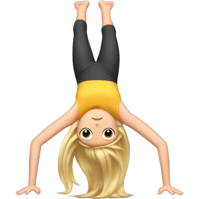 A girl doing a handstand with her legs twisted backwards with her hair looking like a birds nest doing bombastic side eye emoji