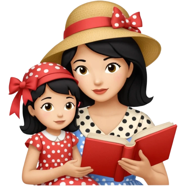 A black hair mother in a ribboned hat wearing polka dot dress reading a storybook to her child. emoji