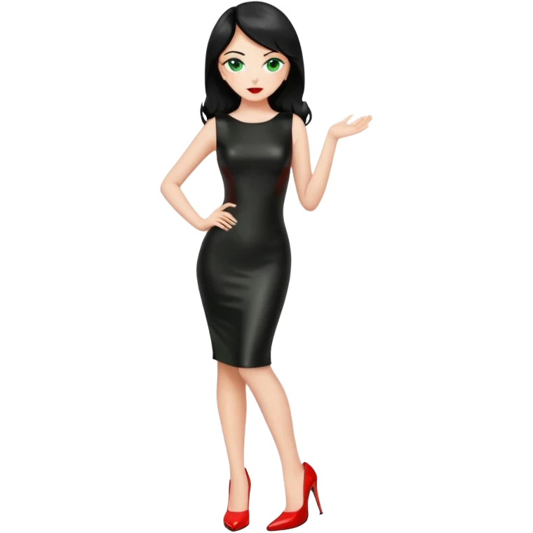 🕵🏻‍♀️💦🧥 black hair , green eyes , full body , red high heels , black latex dress , emoji