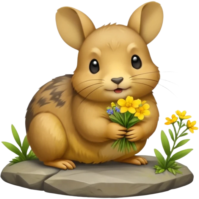 small round mountain pika on all fours, holding flowers in its mouth emoji