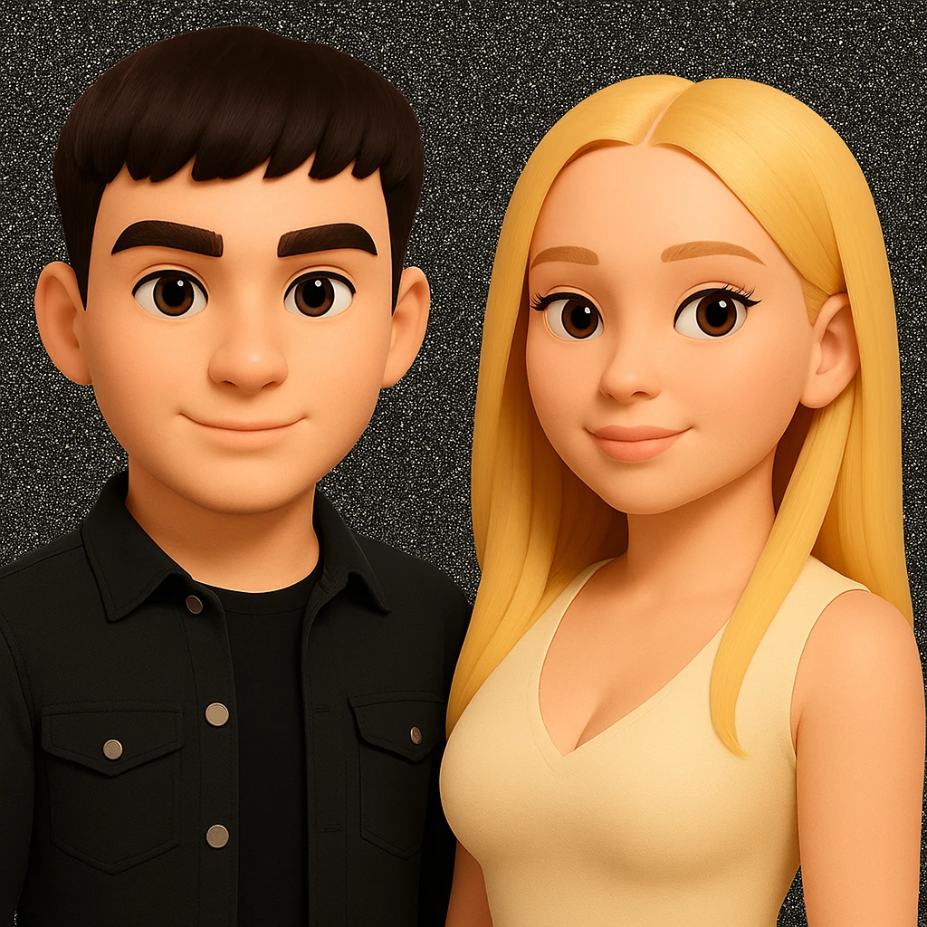 Slightly increase the volume of the upper body of the girl, separate the girl and the boy from each other, make the skin color the same for both characters, while preserving the cartoonish 3D style as in the reference image. emoji