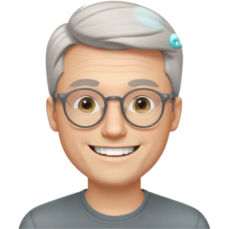 30 yr old pale white man, grey side swept hair, round glasses, big smile, white teeth, handsome, longer hair, thin glasses emoji