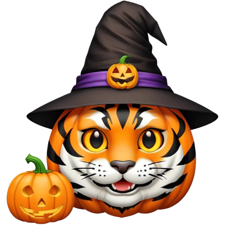 tiger face in Halloween costume with pumpkin and witch hat for Twitch emote emoji