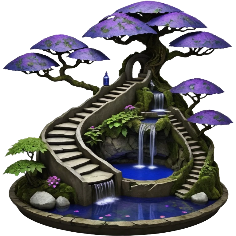 Alien saucer house jungle-vines precarious narrow stairway fountain koi pond mountainside-island getaway nighttime landscape antique mudman very old broken cracked intricate Stone Age lapis-crusted irregular dodecagon-shaped shallow dark moss rough bark violet serissa flowered maple tree bonsai emoji