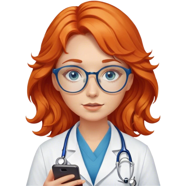 Girl doctor wavy orange red hair blue eyes in gold glasses and phone  emoji