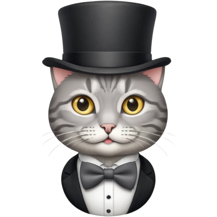 Grey tabby cat in top hat and bow tie emoji
