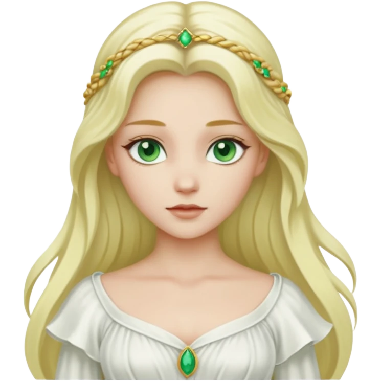 Desdemona from Otello with white skin, green eyes, long blonde hair, white outfit emoji