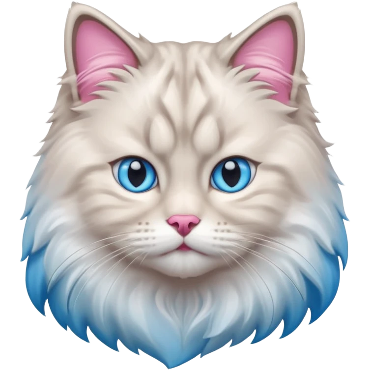 Fluffy Siberian cat face emoji, white and grey long hair, bright blue eyes, pink nose, friendly expression, 3D vector style, isolated on white background. emoji