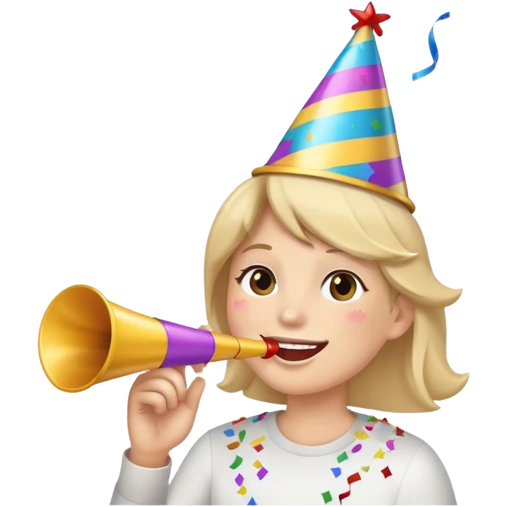 smiling face wearing a party hat, blowing a party horn, with confetti around emoji