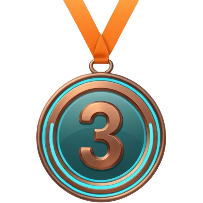 medal number 3, minimalistic bronze transparent glass 3d neon glowing emoji