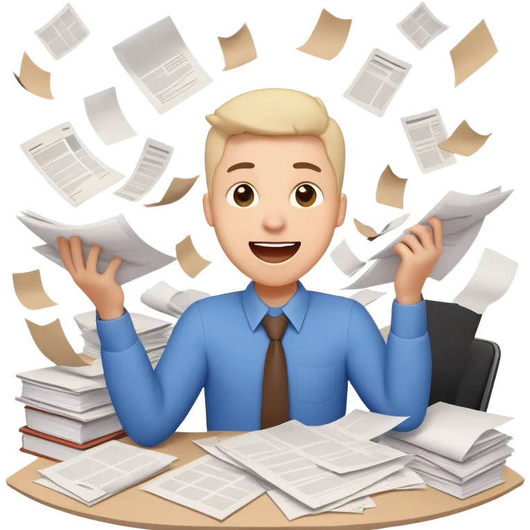 A person with a happy excited face but also looking stressed and overwhelmed, papers flying everywhere, surrounded by work items, half celebrating success and half panicking about deadlines emoji