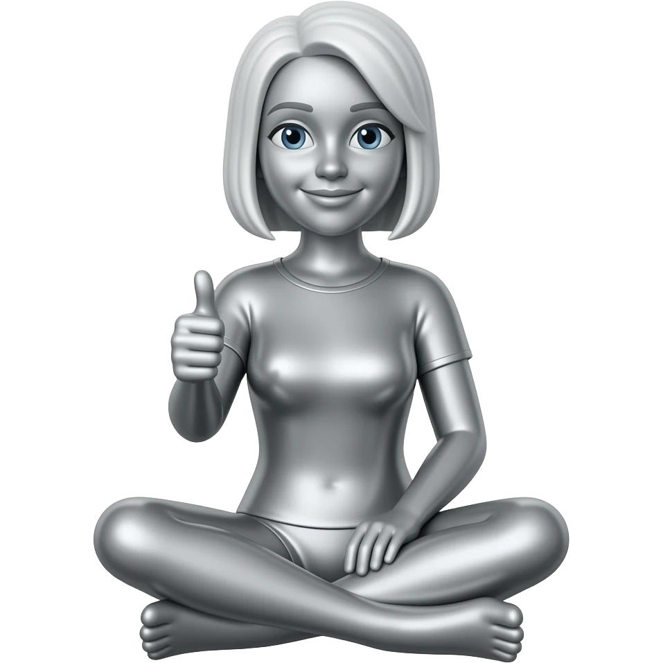 Create an emoji of a seated female figure in metallic silver. The woman is giving a thumbs-up gesture. The background is white. The final result must have maximum resolution, high contrast, and extreme sharpness. Illustration style: Vintage – Art Deco – 2D emoji
