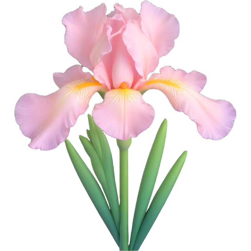Create a 3D iOS emoji style image of a pale pink iris flower with a green stem. The flower should appear shiny and glossy, with a transparent background. emoji