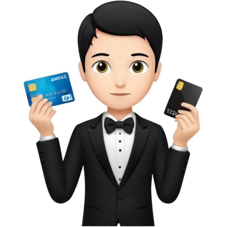make a genmoji of a boy with a an amex card in hand and wearing a tux, black hair emoji