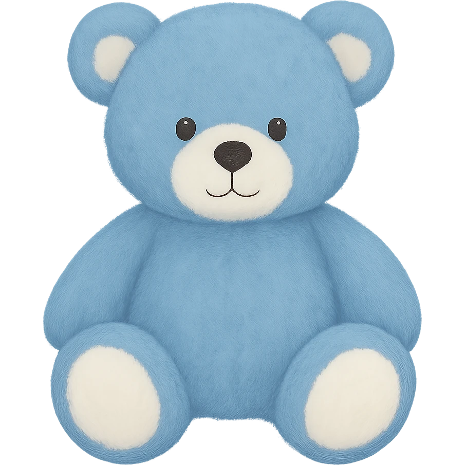 Change the teddy bear's fur to blue and white, keep it soft and plush, no shadows, flat lighting, no background. The style should maintain the original look of the teddy bear in the image. emoji