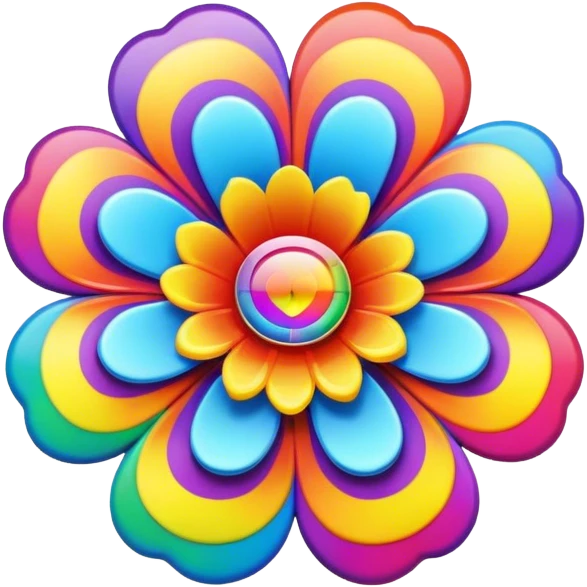A round psychedelic colored button with bezeled edges and a rainbow colored 3D flower in the center emoji