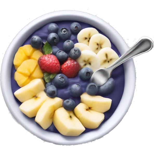 a neutral açai bowl with a silver spoon. The bowl is filled with a smooth, white açai mixture topped with various fruits like blueberries and bananas. The silver spoon rests gently on the side of the bowl, adding a touch of elegance to the design." emoji