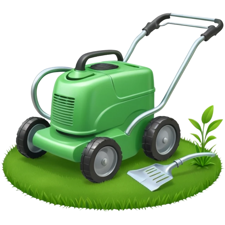 Lawn mower and watering can grouped together with a few grass clippings emoji