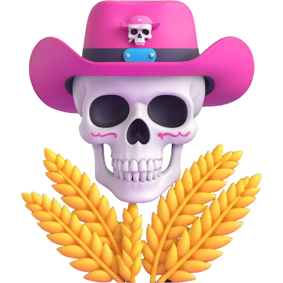 skull with pink cowboy hat and wheat in teeth emoji