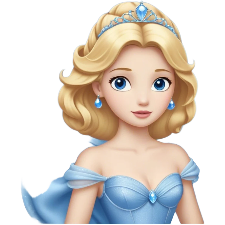 Cinematic Realistic Cute Cinderella Portrait, featuring fair, luminous skin with finely detailed texture and softly lit golden-blonde hair cascading in gentle waves. Her warm, inviting blue eyes sparkle with youthful charm and curiosity, while her classic, elegantly draped ball gown reveals meticulously rendered fabric details and natural folds. The overall composition is bathed in a gentle, realistic radiance that exudes both playfulness and heartfelt beauty. emoji