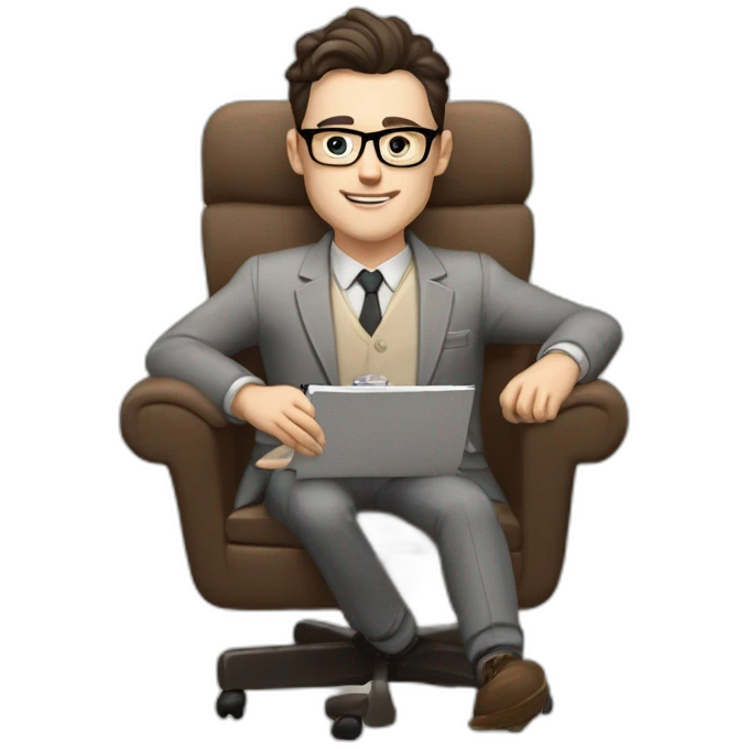 Pale skinned Fit Man With dark brown hair in gray jacket, beige office shirt and vintage glasses sitting In a soft chair with a notebook with emblem Ψ and a pen in his hands emoji