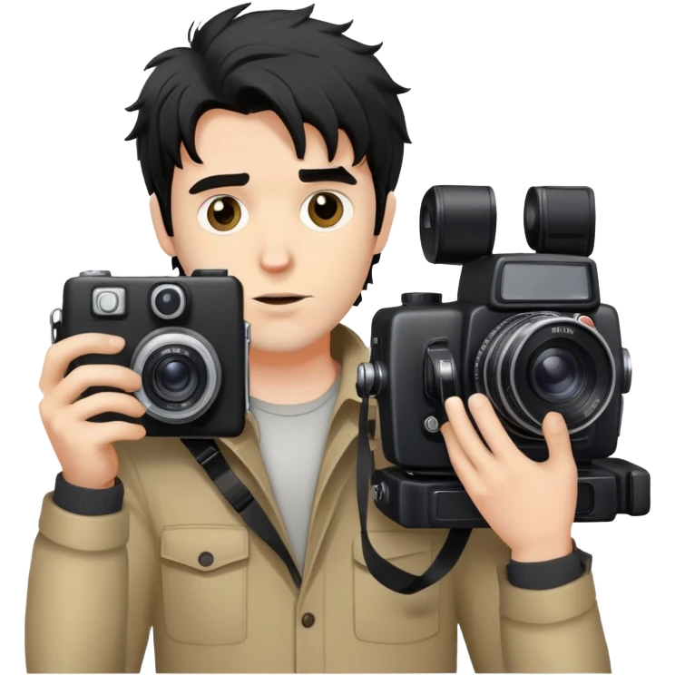 a white man with black messy hair holding a foto camera emoji