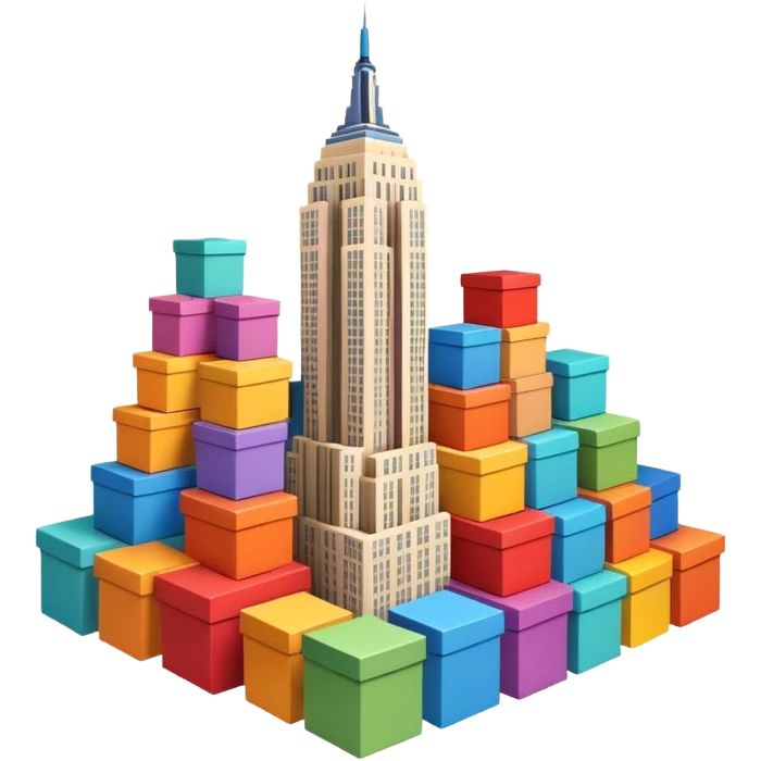 Empire State Building with boxes stacked in creative patterns, some boxes flying, lively emoji