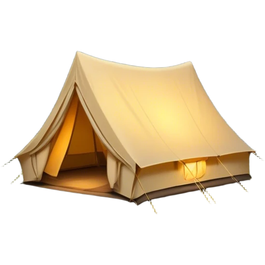 Cinematic Realistic Tent, a sturdy canvas tent nestled among tall trees, warm golden light spilling from inside, gentle folds in the fabric visible, glowing against the cool, dark forest backdrop, evoking a sense of adventure and comfort. emoji