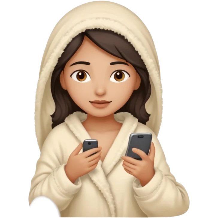 a pretty bratz fair indian girl covered in blanket, wearing beige pajamas, using phone emoji