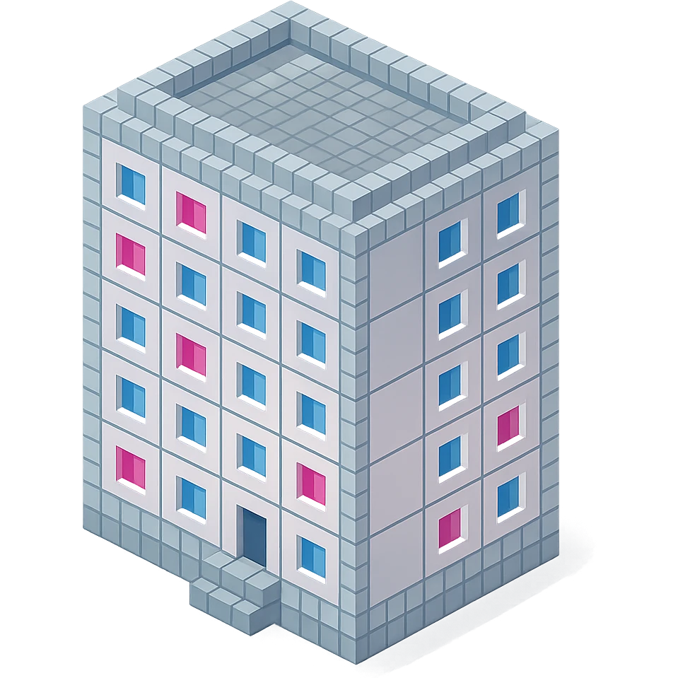 Russian panel apartment building, square block, light gray, alternating pink and white windows, isometric view emoji