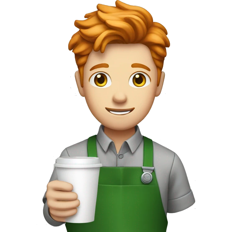 A barista boy ginger hair in a green apron holding a cup of coffee emoji