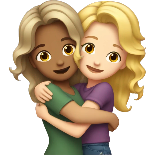 One girl withe brown wavy hair hugging another girl with blonde hair emoji