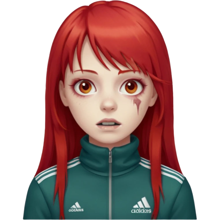 Crie um emoji de uma menina zumbi  com o cabelo vermelho longo com uma franja reta casaco de gola alta da adidas emoji