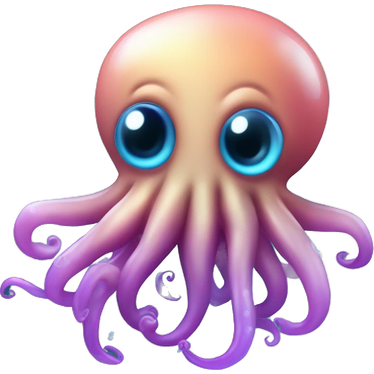 A floating squid in blue gradient with happy eyes, a violet tint on te end of the tenacles, and black background with bubbles floating around emoji