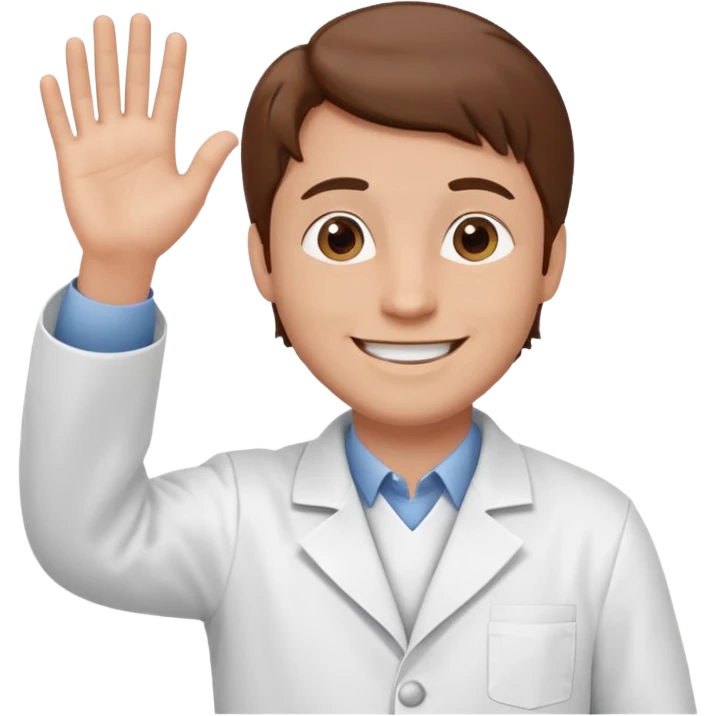Hombre con bata blanca piel clara y cabello café saludando emoji