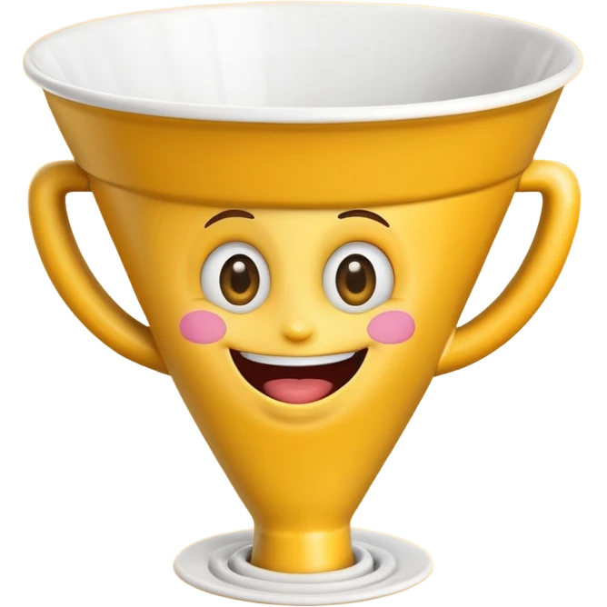 Crazy laughing emoji on upside-down kitchen funnel on its head (not a hat), wide smile, big eyes, cartoon emoji style, bright colors. emoji