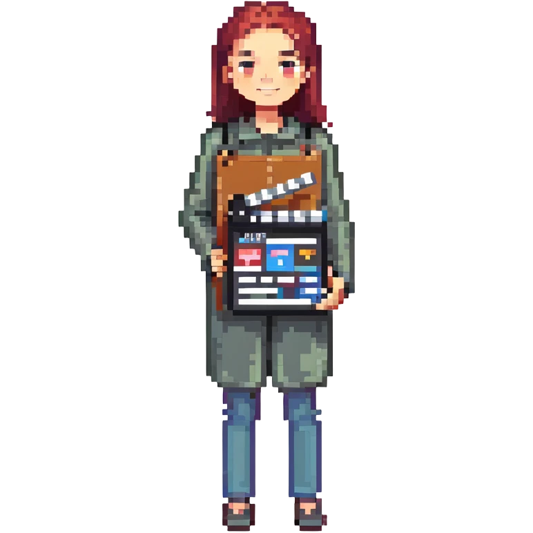 a content creator holding a clapperboard, pixel art style emoji