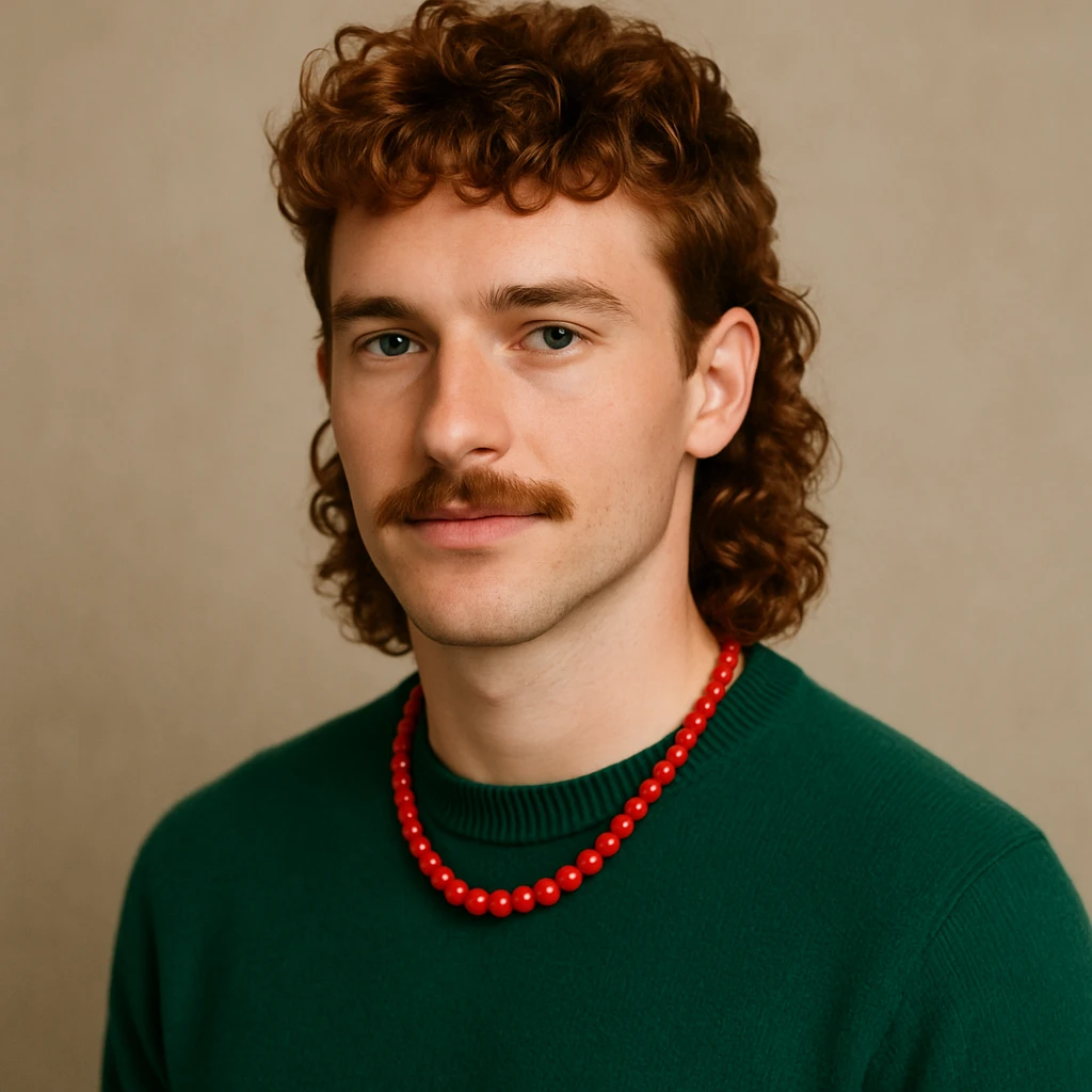 good-looking man with curly red mullet, mustache, green sweater, red necklace, modern and appealing emoji