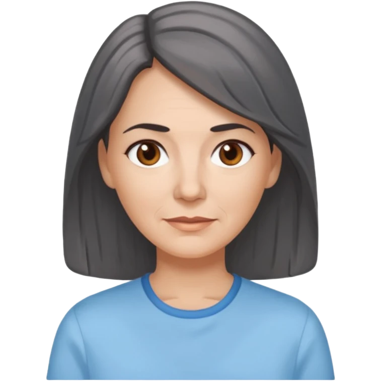 vit medelålders kvinna med grå slingor i långt mörkbrunt hår bruna ögon ljusblå skjorta  emoji