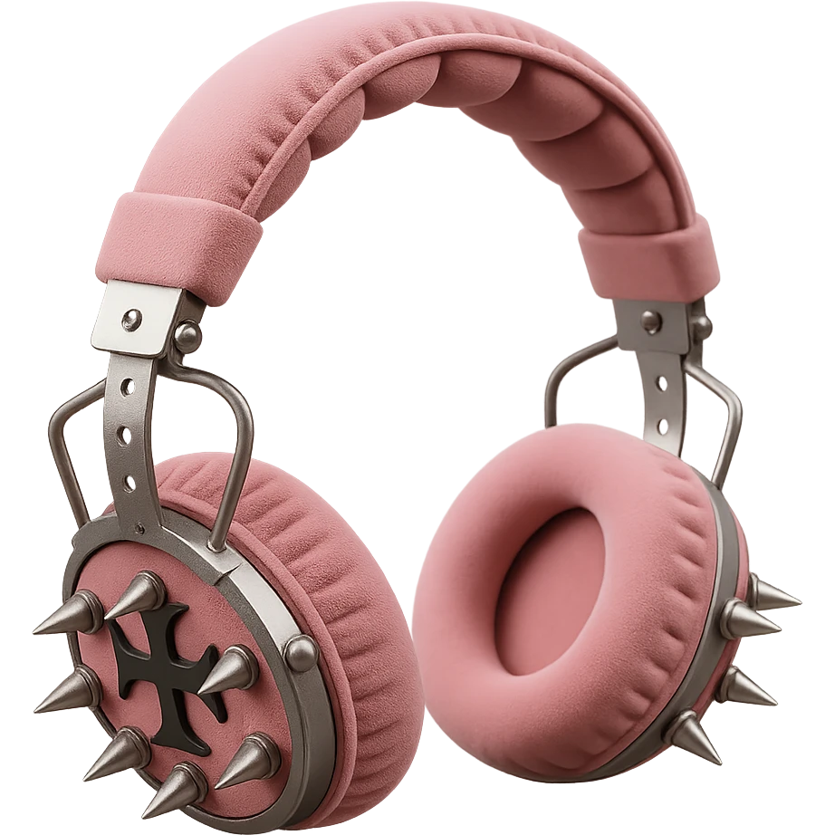 Isolate and keep only the realistic pink gothic headphones with velvet ear cups, silver spikes, and subtle cross motifs in a photorealistic style with no background. emoji