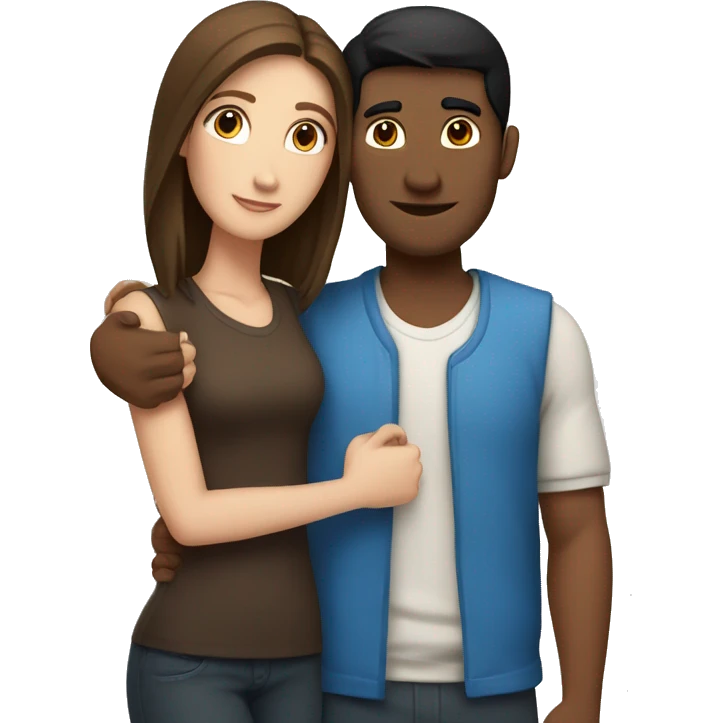 Couple with arms around each other; white woman with blue eyes and brown hair, Indian man with black hair  emoji