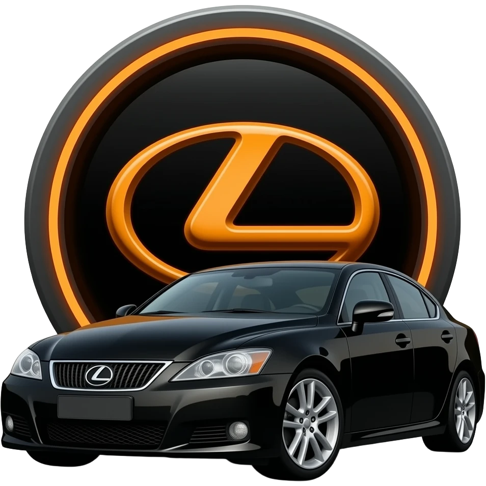 Make a shiney black Lexus logo thats outlined in an neon dark orange outlined Tron legacy type of style. place the car a 2008 lexus is250 hiding behind that Lexus logo emblem emoji