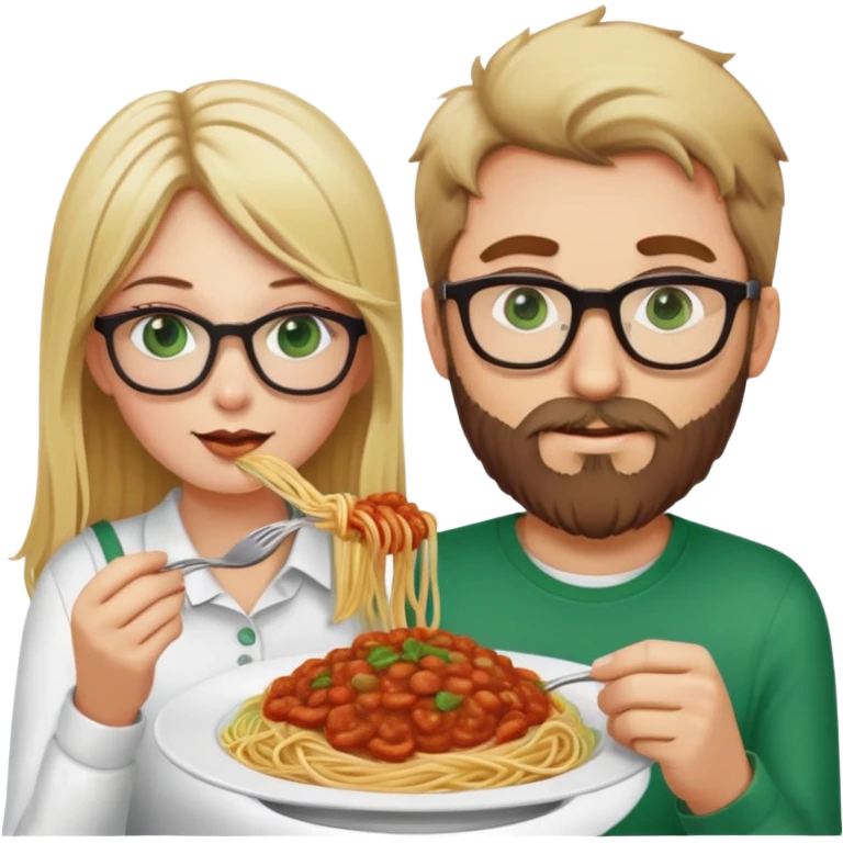 Blonde Caucasian girl with green eyes, no glasses eating spaghetti with Caucasian man with brown hair and beard wearing glasses emoji